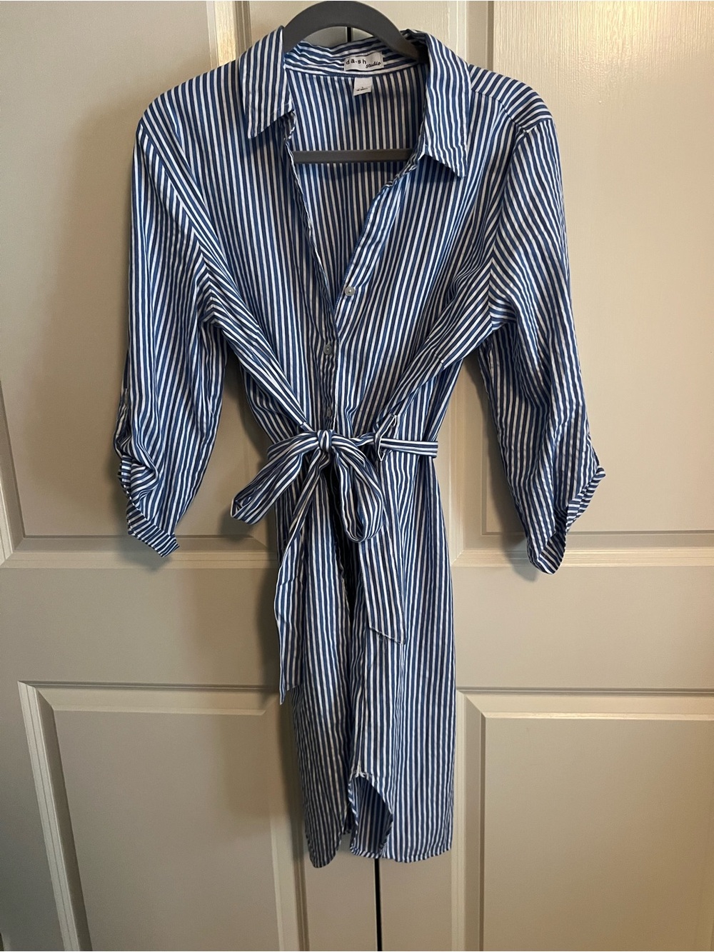 Studio Blue & White Striped Tie-Waist Midi Shirt Dress